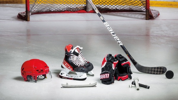 ice hockey equipment on a hockey field
