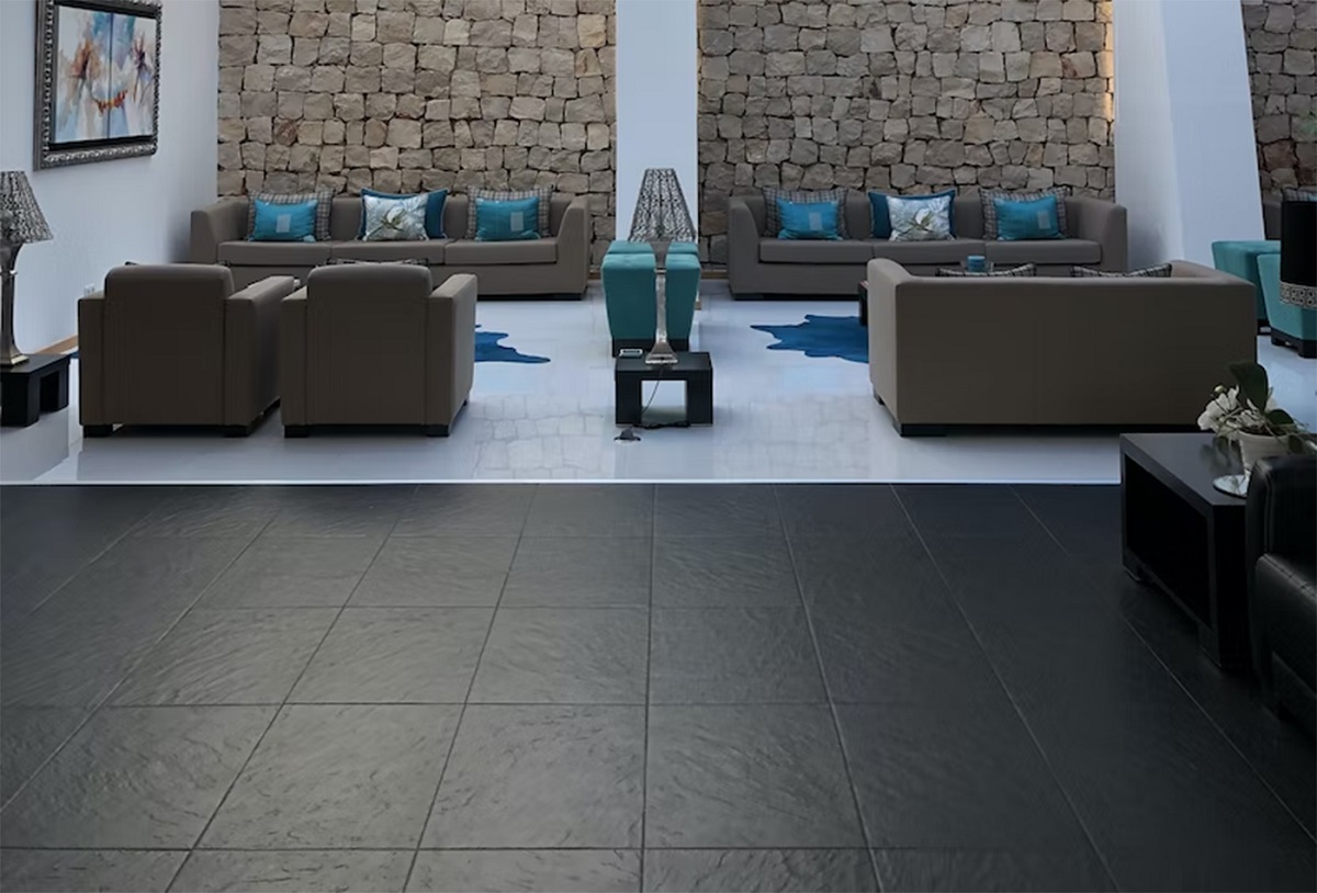 living room with black slate tiles